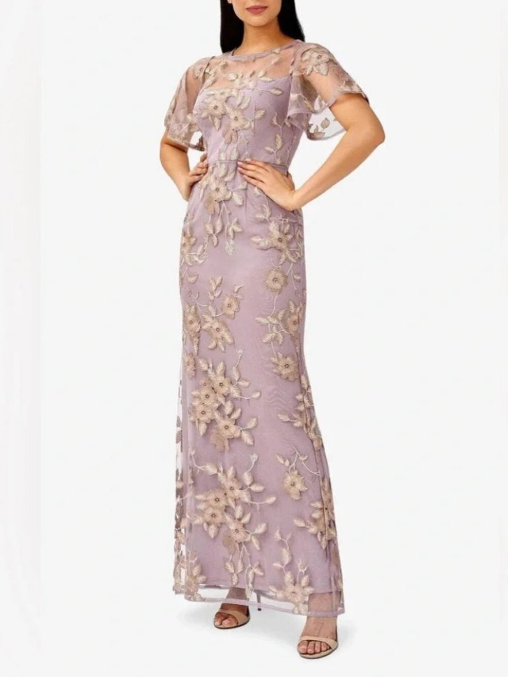 Adrianna Papell Metallic Floral Embroidered Illusion Long Gown Size 12 Wedding